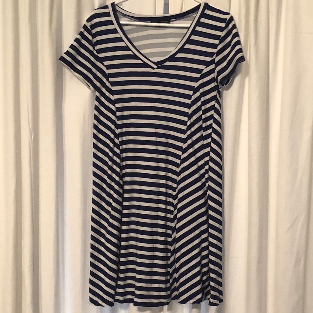 Blue and white striped dress.